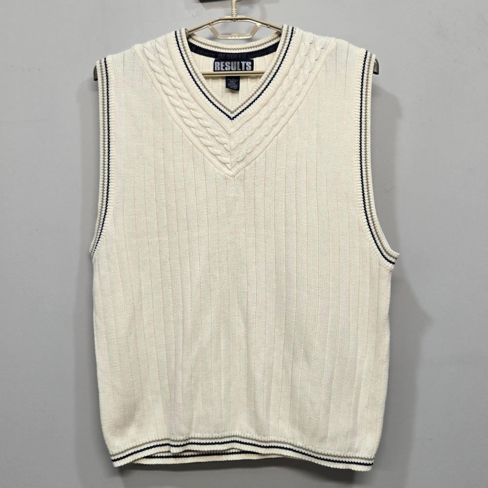 Vintage 90s Mens Sweater‎ Vest XL Cream Cable Knit V Neck Preppy Varsity Tennis